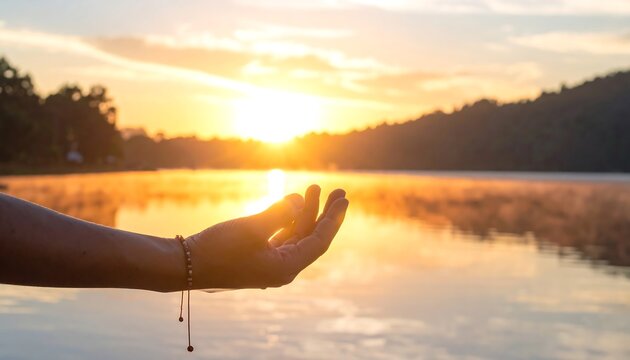 A person's open hand reaches toward a radiant sunrise over a tranquil lake, with mountains silhouetted in the background