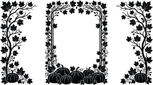 Black floral frame with maple leaves and pumpkins on a white background