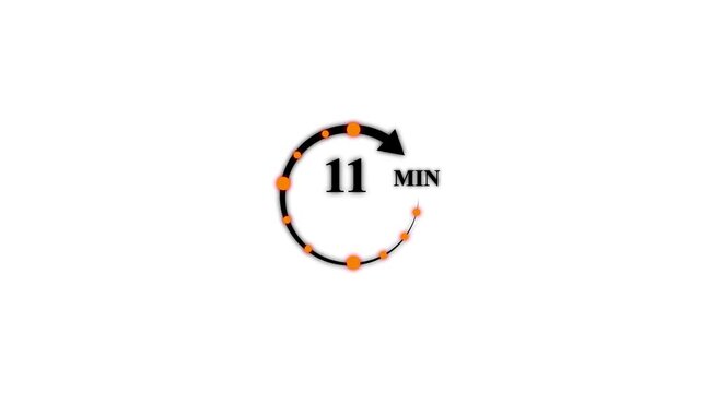 black circular timer icon with 11 minute countdown and arrow on white screen background 11 minutes clock 4k video