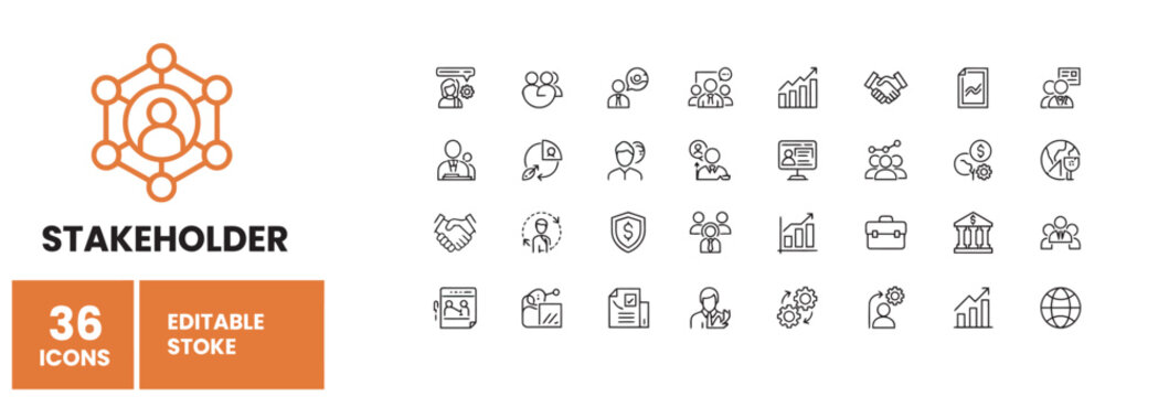 Professional stakeholder management and business strategy icon set for corporate presentations