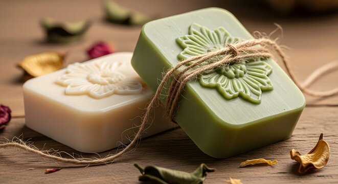 Organic handmade soap bars with floral patterns on a rustic wooden table background