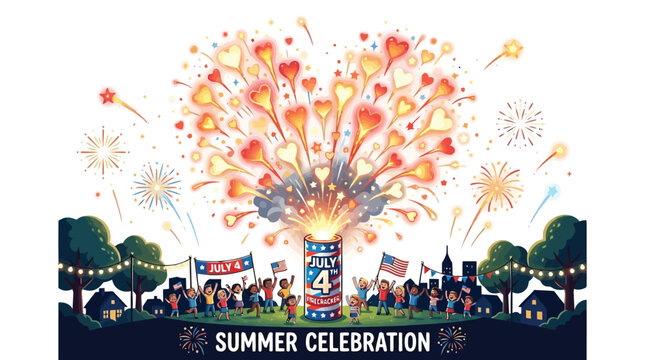 Fireworks exploding in heart shapes during July 4th celebration illustration