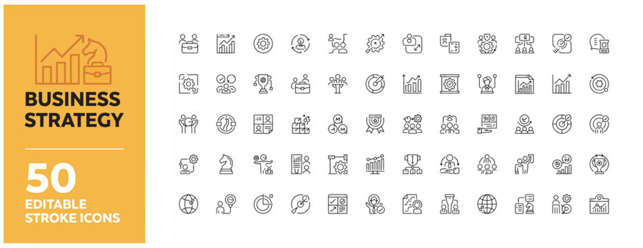Fifty premium business strategy icons featuring editable stroke for modern corporate branding