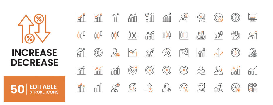 Set of 50 increase and decrease financial icons for data analysis and market trend reporting