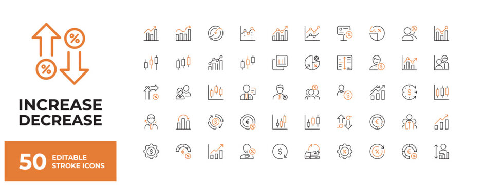 Set of fifty editable stroke vector icons representing financial increase and decrease trends
