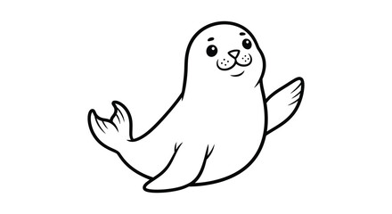 Charming seal illustration in black and white line art silhouette © Roja