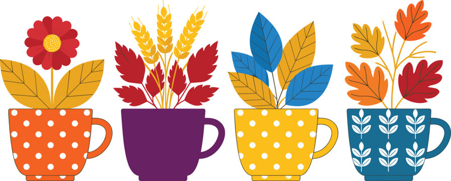 Autumn leaves and flowers in coffee mugs illustration featuring colorful polka dot cups with wheat stalks for cozy fall season greeting card graphic design