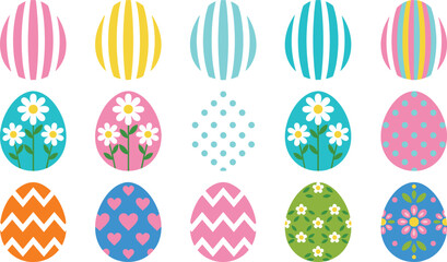 Easter eggs illustration collection featuring colorful decorative patterns with stripes flowers polka dots hearts and chevrons for spring holiday celebration greeting card design © HELEN QUEEN
