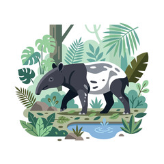 Naklejka premium Malayan tapir vector illustration, tropical jungle wildlife scene, exotic animal in rainforest habitat with palm leaves