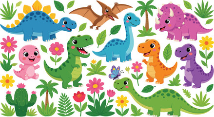 Dinosaur cartoon characters sticker set featuring cute baby dinosaurs tropical plants palm trees flowers and cactus for kids nursery prehistoric theme graphic design © HELEN QUEEN