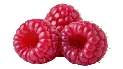 Isolated three fresh ripe red raspberries, natural sweet berry fruit, juicy and delicious summer food. © Conor