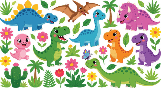 Dinosaur cartoon characters sticker set featuring cute baby dinosaurs tropical plants palm trees flowers and cactus for kids nursery prehistoric theme graphic design