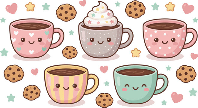 Coffee mug cartoon characters sticker set featuring cute smiling pastel cups hot chocolate whipped cream cookies stars and hearts for kawaii scrapbook graphic design