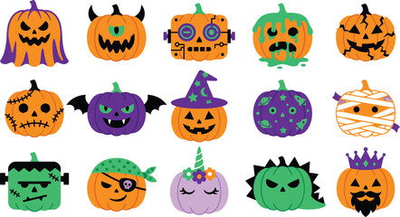 Obraz premium Festive halloween pumpkins diverse jack o' lantern characters for spooky season designs
