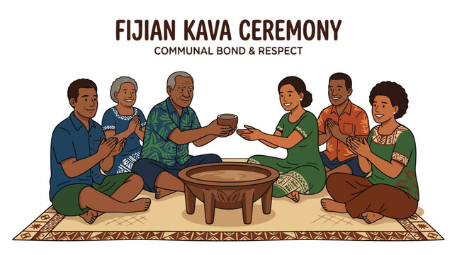 Group of people participating in a traditional fijian kava ceremony sitting on a woven mat