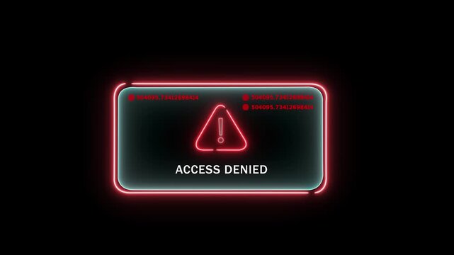 Futuristic digital access denied warning interface with glowing red neon frame and rapidly changing numerical data stream for cyber security, system error, and unauthorized network intrusion concepts