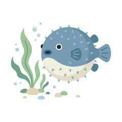 Cute pufferfish vector illustration, cartoon blowfish with seaweed and bubbles, blue fugu fish underwater character © SADMANHAQUE