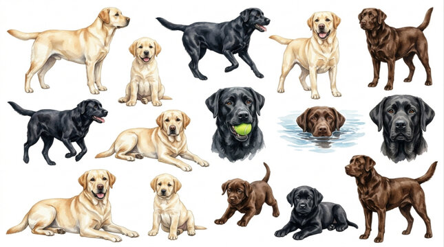 Collection of Labrador Retriever Dogs Showing Different Colors and Poses