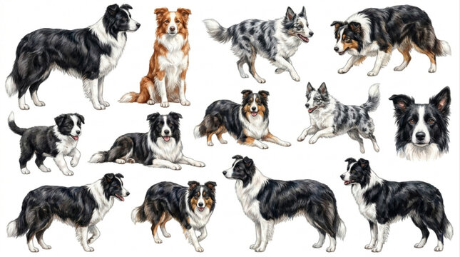 A collection of border collie dogs in various poses and colors, showcasing different breeds and ages