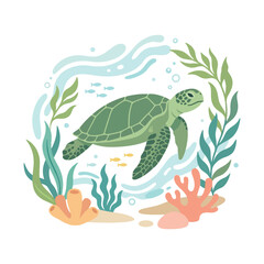 Obraz premium Green sea turtle swimming in coral reef, marine life vector illustration, underwater ocean scene with seaweed and fish