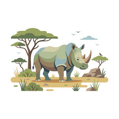 Stylized rhinoceros vector illustration, wild rhino in African savanna landscape, flat design animal character art © ayeshasiddika