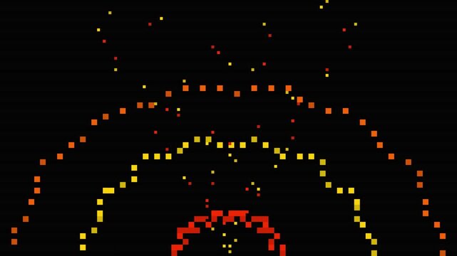 Abstract retro pixel art animation of glowing orange and red fire sparks exploding over black background
