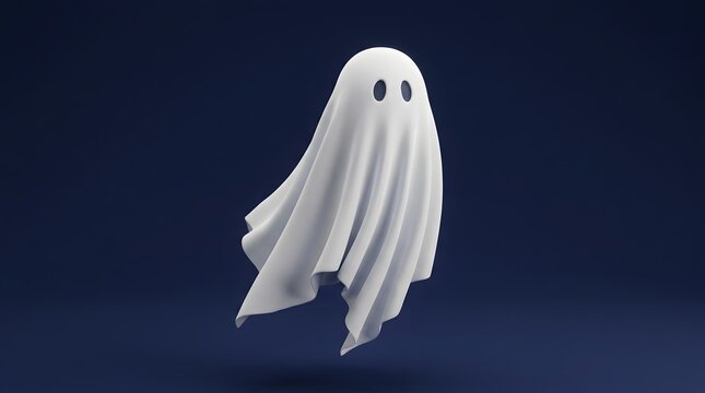 Minimalist 3d rendered ghost character floating against a dark blue background