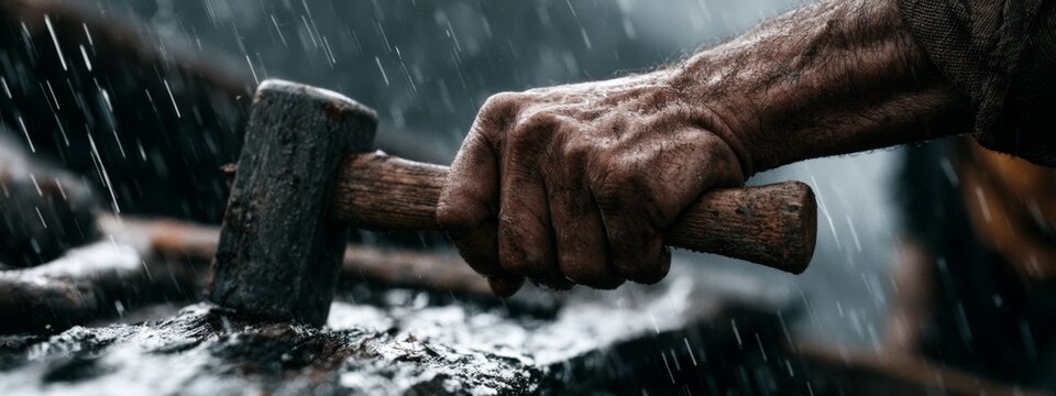 Close-Up of Calloused Hand Using Hammer to Repair Broken Wooden Roof Under Heavy Rain