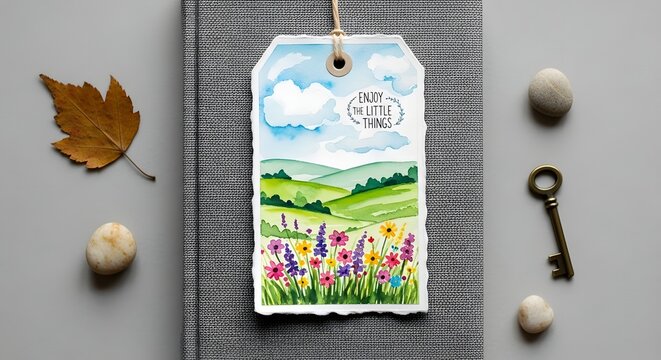 Watercolor painting of a spring landscape on a gift tag with enjoy the little things