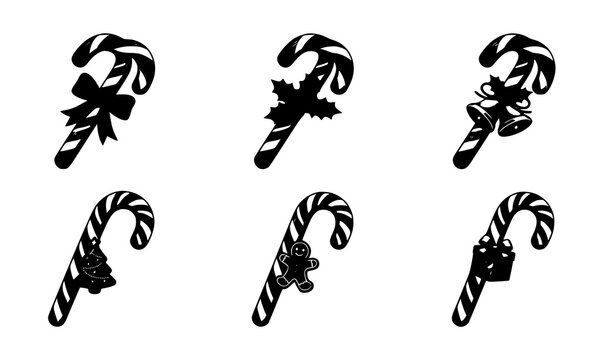 Traditional Christmas candy canes set with festive ribbon bows and holly leaves decorations on white background
