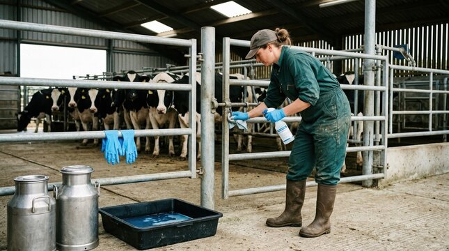 A dairy farmer in boots and coveralls disinfects a milking parlor gate beside a footbath, rubber gloves, steel milk cans, and a row of Holstein cattle behind protective fencing, illustrating farm