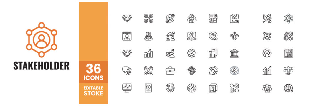 Comprehensive set of 36 stakeholder management icons for business strategy and communication