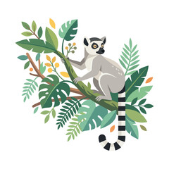 Ring-tailed lemur sitting on a branch, tropical jungle animal vector, exotic primate with monstera leaves and foliage © ayeshasiddika