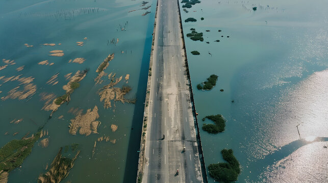 Aerial Drone View Looking Down on a Long Concrete Highway Bridge Crossing Chalan Beel Wetland