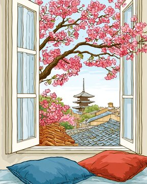 Vertical Hand-drawn anime aesthetic illustration of a tranquil view from an open window overlooking a Kyoto pagoda and cherry blossoms, representing peaceful travel and wanderlust.
