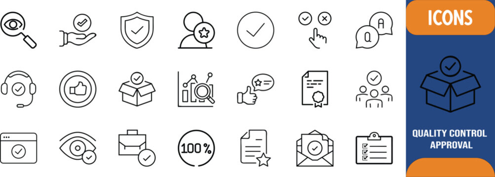 Quality control approval business icons. checkmark icon set, shield icon set, box icon set