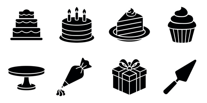 Cake and Birthday Celebration Solid Glyph Vector Icons, Bakery Dessert Symbols