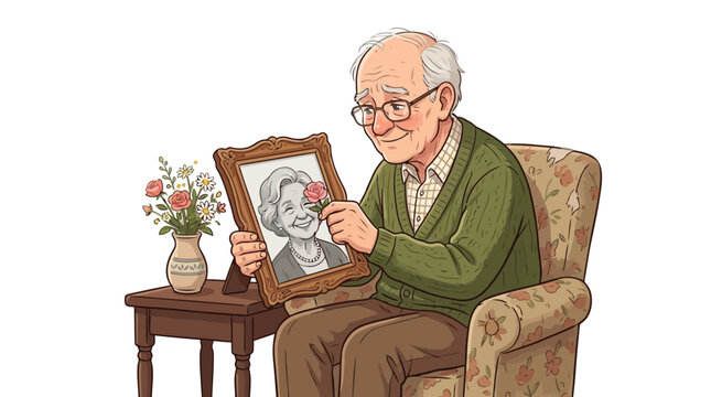Senior man sitting in armchair holding framed portrait of his deceased wife with roses