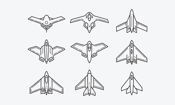 Stealth plane icons, stealth aircraft, bomber line art