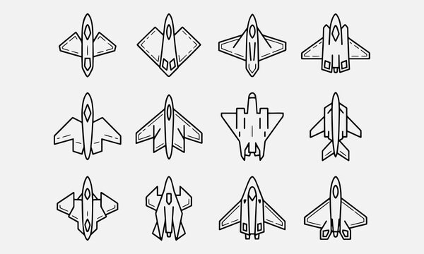Stealth plane icons, stealth aircraft, bomber line art