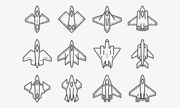 Stealth plane icons, stealth aircraft, bomber line art