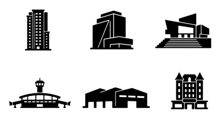 Obraz premium Modern Architecture Icons: Diverse Building Silhouettes for Urban Design, Business Concepts, and Cityscape Graphics, Vector Set