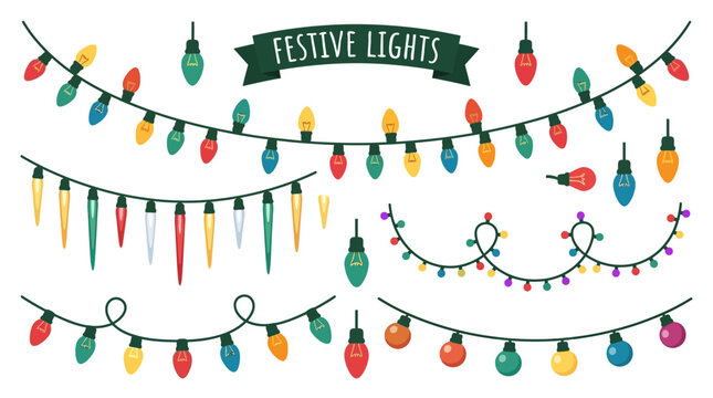 Festive Christmas lights, colorful string lights, holiday decorations, vector icons isolated on White Background