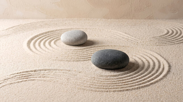 Minimalist zen garden with two smooth grey stones placed on fine raked sand with gentle concentric circular patterns creating a serene and meditative environment for relaxation and focus.