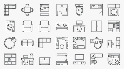 Professional Black and White Line Icons Set of Various Household and Office Furniture Appliances and Fixtures © Lala