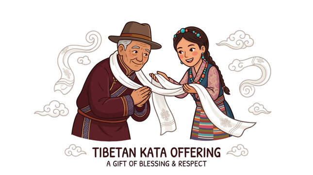 Tibetan man and woman performing traditional kata silk scarf offering for blessing and respect