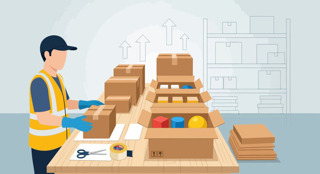 Warehouse worker packing boxes, logistics and e-commerce fulfillment concept