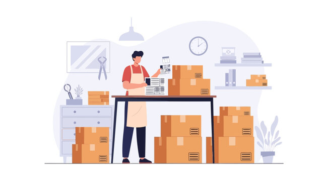Warehouse worker packing boxes, shipping and logistics, e-commerce fulfillment center
