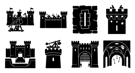 Medieval Castle Icons, Fortress Silhouettes, Siege Warfare Elements, Medieval Architecture Vector Set © Khairul