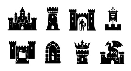 Medieval Castle Icons, Fortress Symbols, Knight Gate, Dragon Tower, Royal Crown, Banner, Candle Archway, Vector Set for Fantasy and History Projects © Khairul